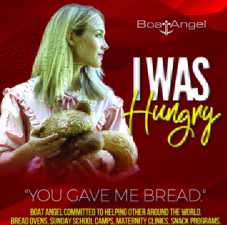 Image of blonde woman carrying loaves of bread and looking off into the distance.